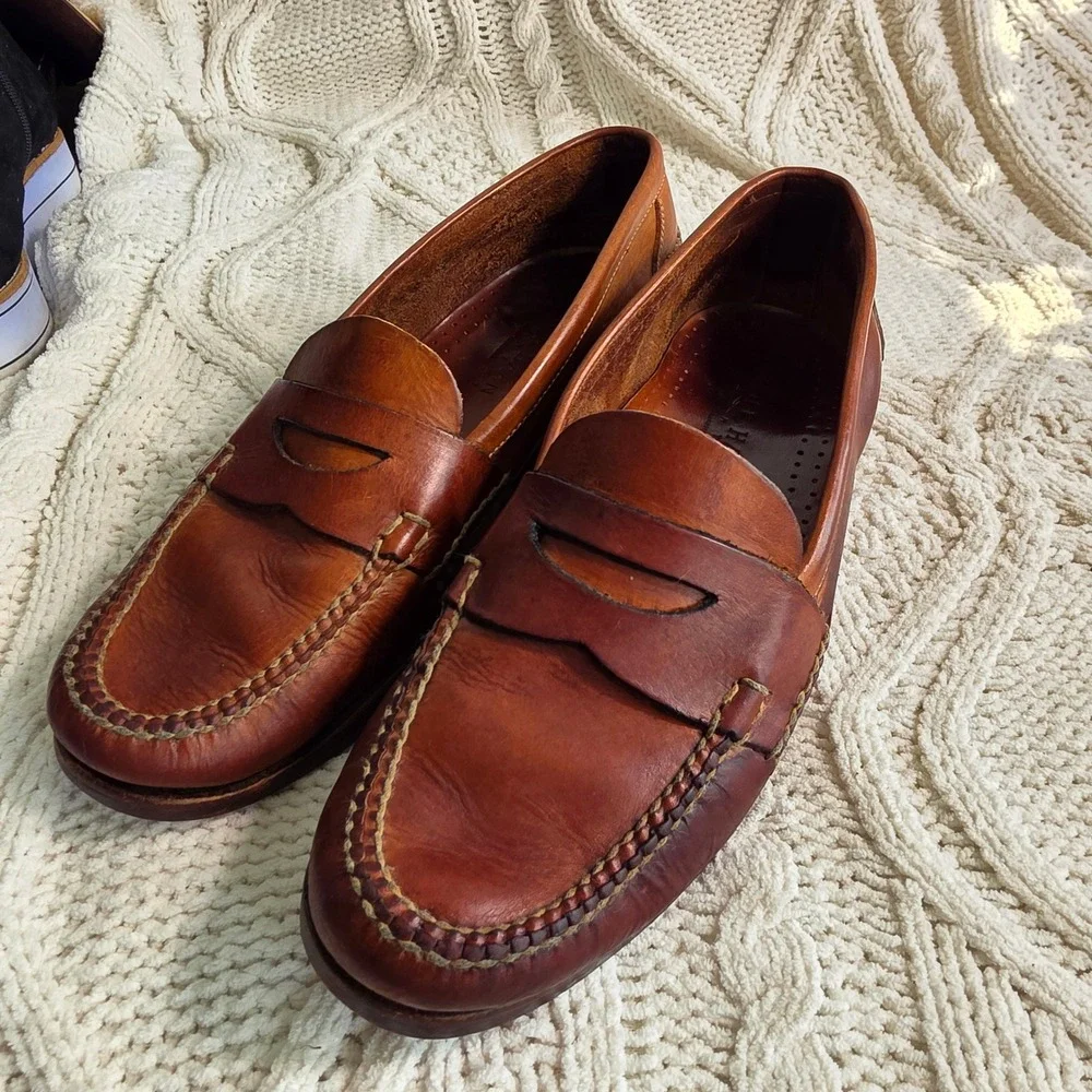 VTG Cole Haan Country Penny Loafers Brown Handsewn Leather Mens 12 Narrow Brazil